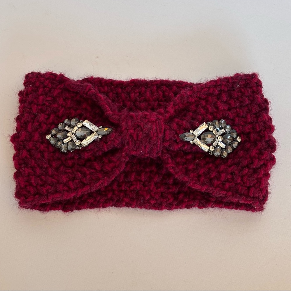Elegant Women's Burgundy Knit Headband with Embellishments
